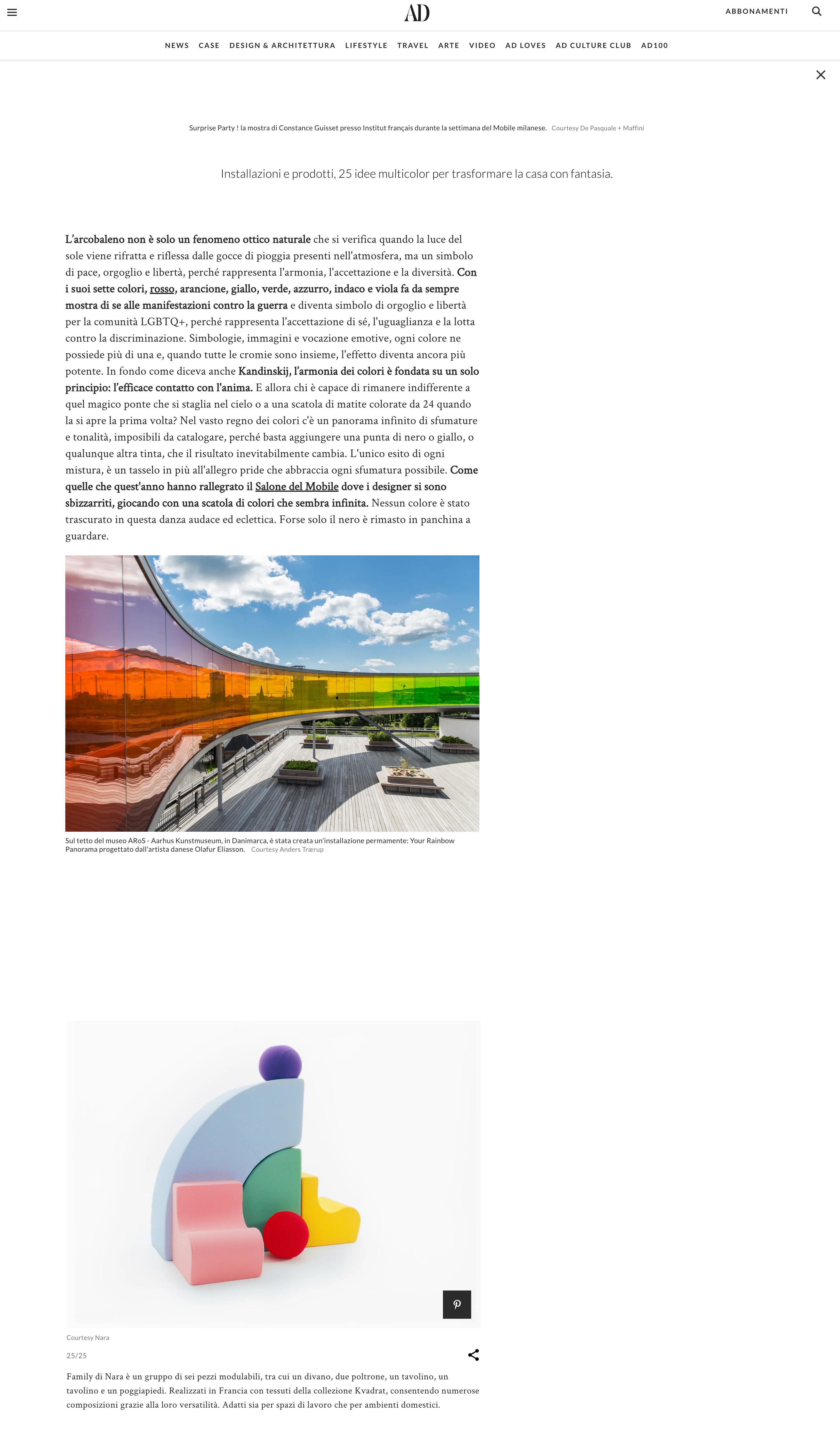 AD Italia article on rainbow color trends in design featuring NARA’s Family collection