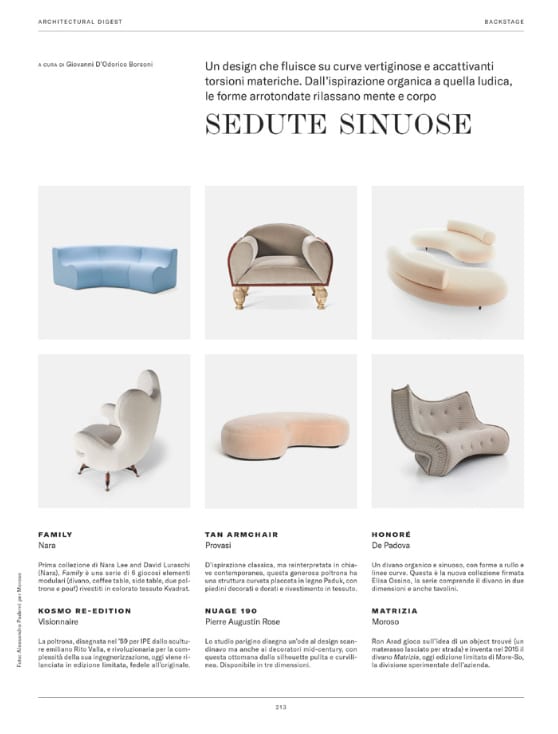 Architectural Digest Italia feature showcasing NARA’s Family sofa within a selection of curved seating designs
