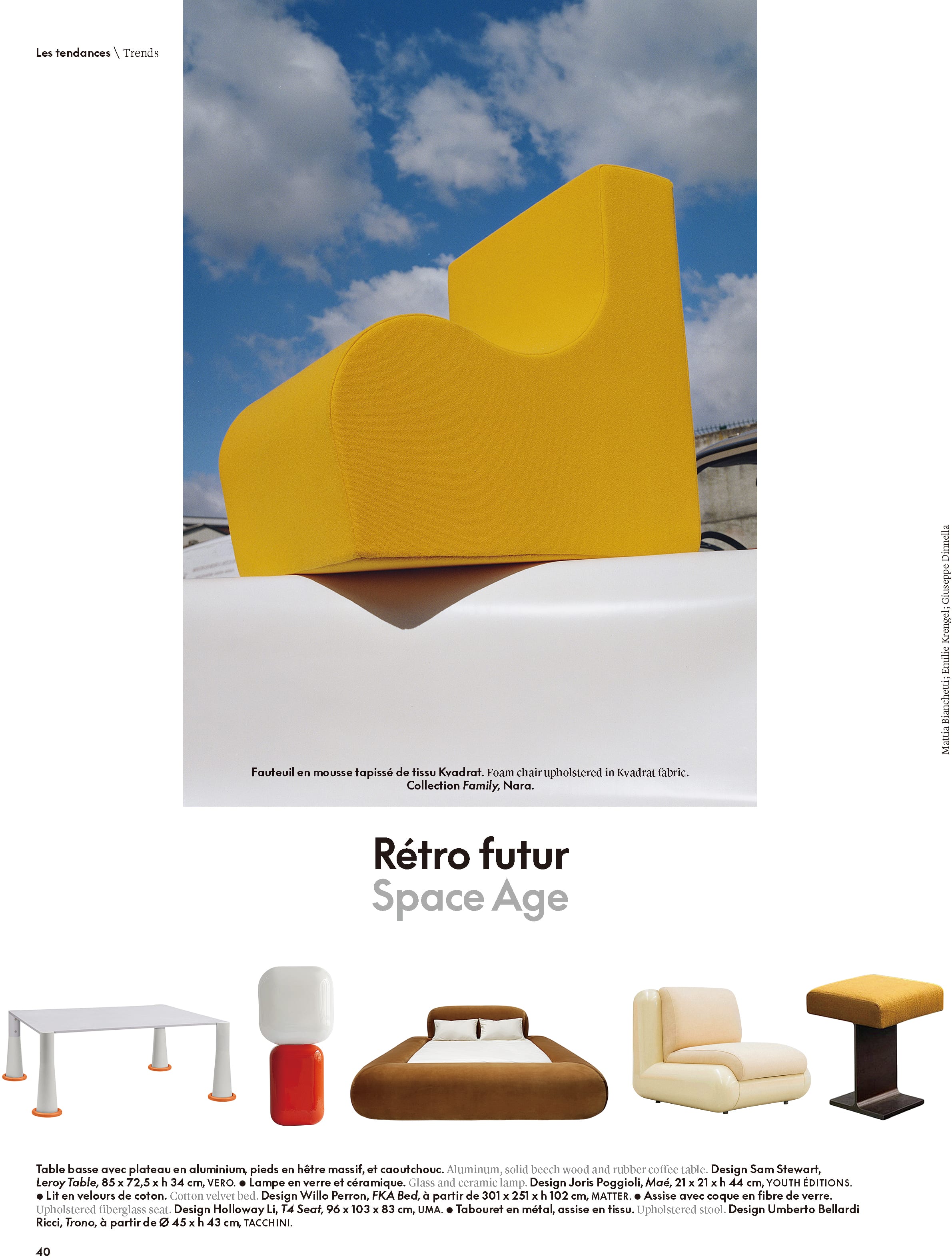 Editorial page featuring NARA’s Family chair within a “Rétro futur / Space Age” design trend selection