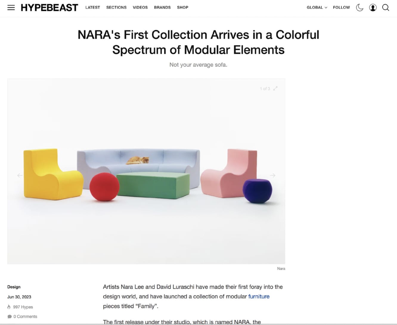 Hypebeast article highlighting NARA’s modular FAMILY furniture collection