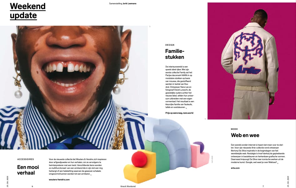 A spread from Knack Weekend featuring Nara’s modular “Family” furniture, composed of soft geometric elements in pastel tones, positioned alongside fashion editorials and lifestyle content.