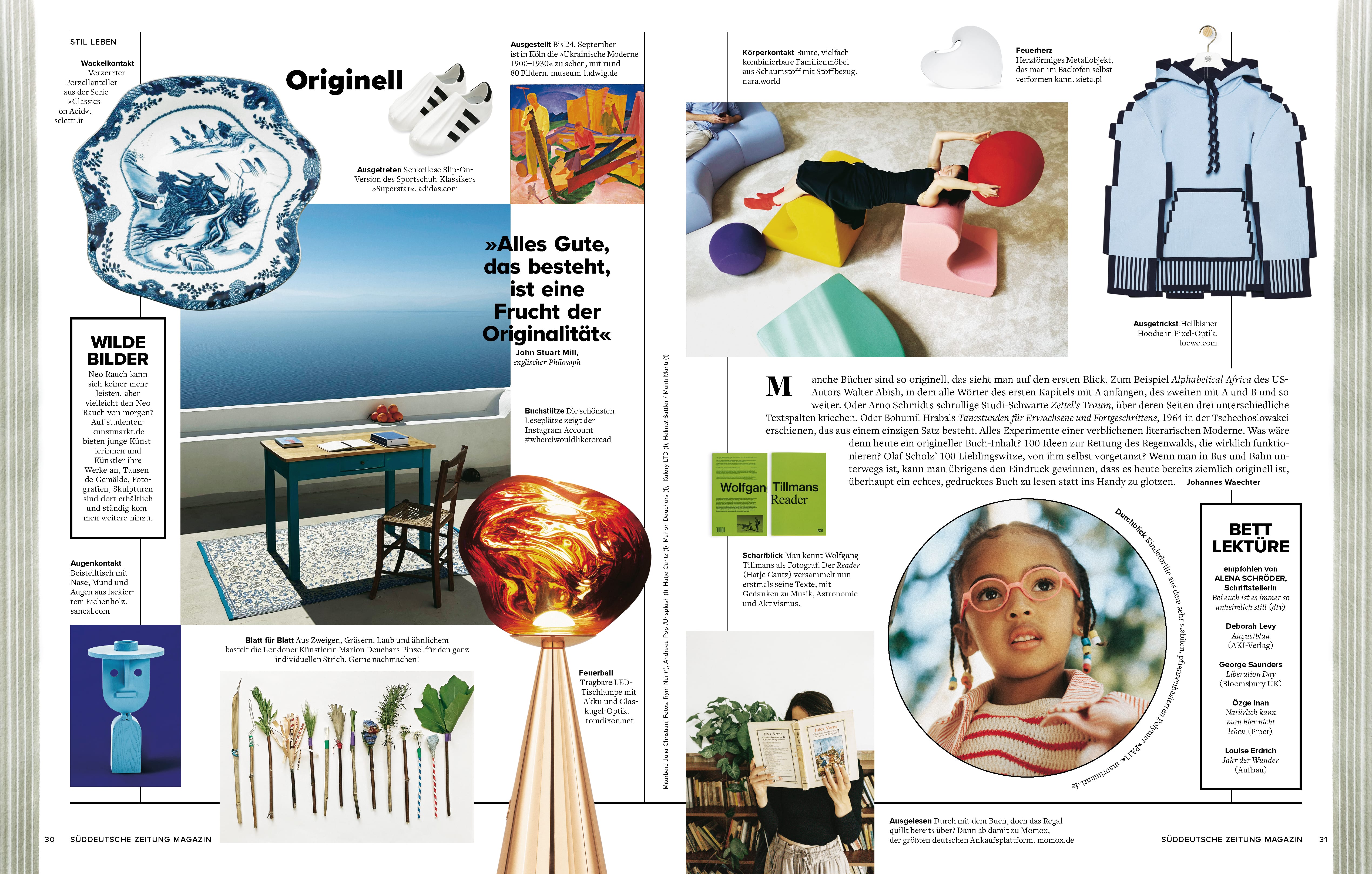 A double-page spread from Süddeutsche Zeitung Magazin showcasing Nara’s modular furniture elements in vibrant colors, integrated within a curated editorial layout alongside art, design, and lifestyle references.