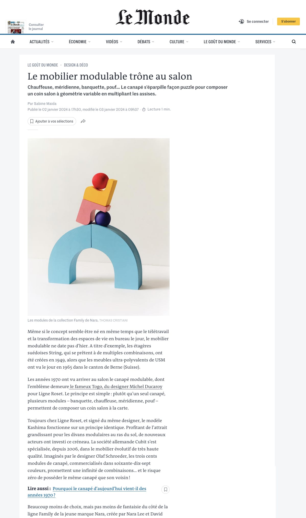 Le Monde article discussing the rise of modular furniture, featuring NARA’s Family collection