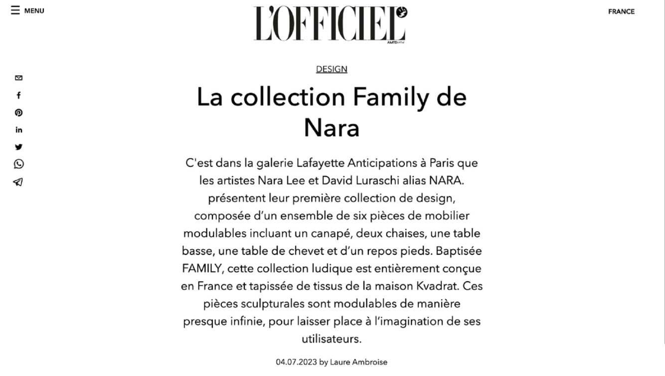 L’Officiel article featuring NARA’s modular Family furniture collection