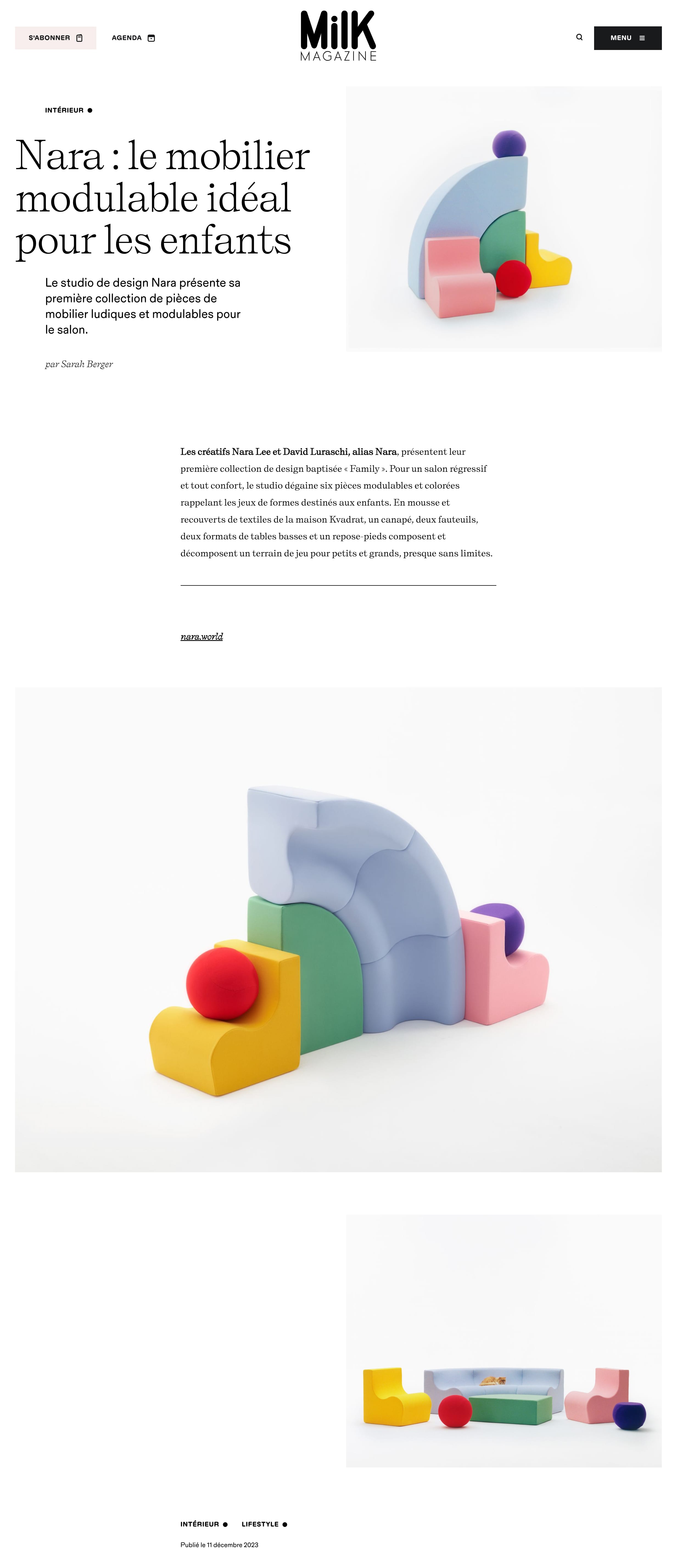 Milk Magazine article presenting NARA’s Family collection as a modular play-oriented living space